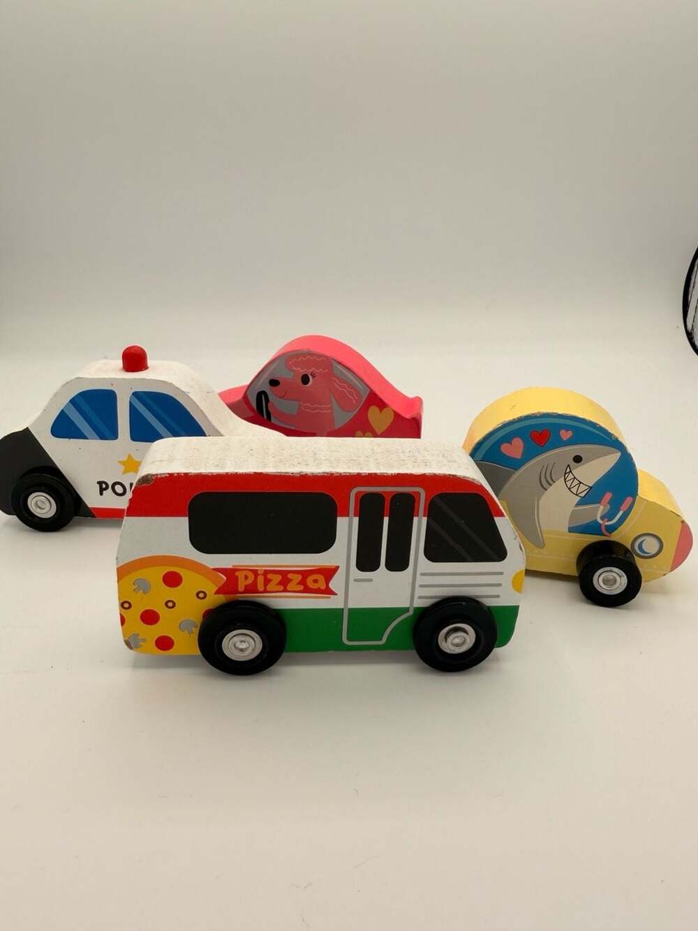 B. Toys Wooden Toy Vehicle Set of 4 - Police Car, Pizza Van, Shark & Poodle Cars